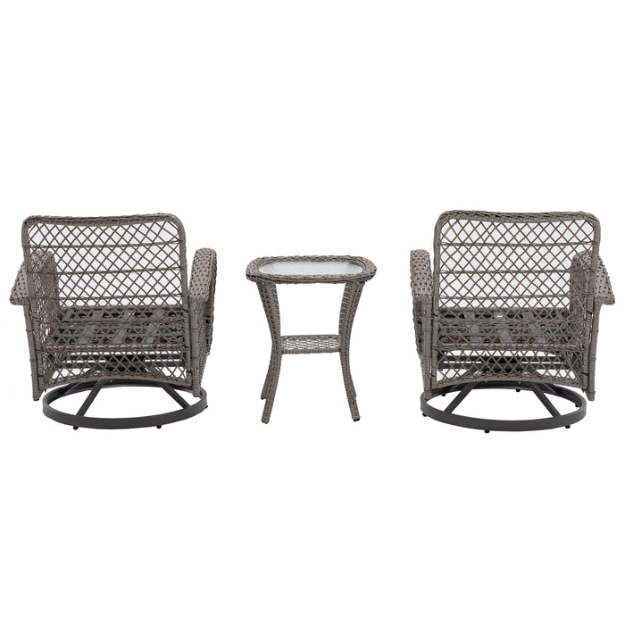 3 Pieces Outdoor Swivel Rocker Patio Chairs, 360 Degree Rocking Patio Conversation Set with Thickened Cushions and Glass Coffee Table for Backyard, Grey - DTYStore