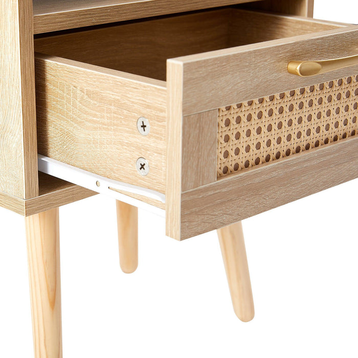 15.75" Rattan End table with drawer and solid wood legs, Modern nightstand, side table for living room, bedroom,natural - DTYStore