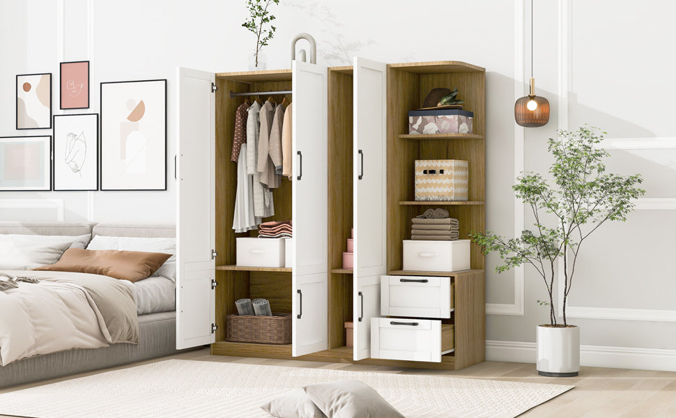 3 Door Wooden Storage Wardrobe for Dedroom with Shelves and 2 Drawers, Side Storage Shelves,White - DTYStore