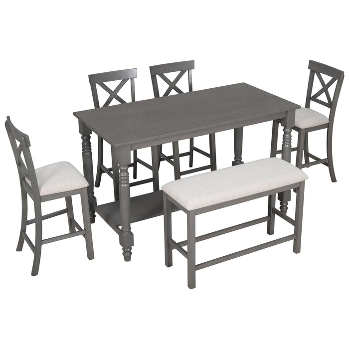 6-Piece Counter Height Dining Table Set with Shelf, 4 Chairs and Bench for Dining Room