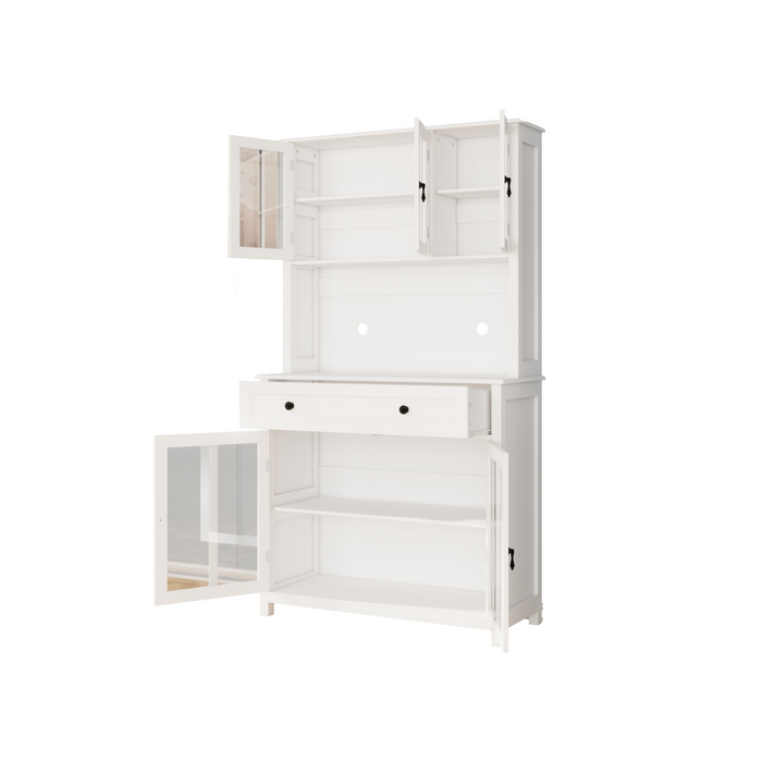 71' Pantry Storage Cabinet with Microwave Oven Countertop, Freestanding Hutch Cabinet with 3 Adjustable Shelves, 5 glass Doors and 1 Large Drawer-White - DTYStore