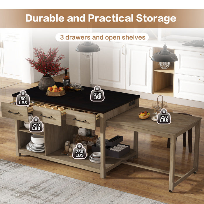 Extendable Kitchen Island with Storage, Multi-Functional Kitchen Cart with Built-In Power Outlets, Retro Kitchen Island on Wheels with Drawers and Open Shelves for Kitchen (Espresso+Natural) - DTYStore