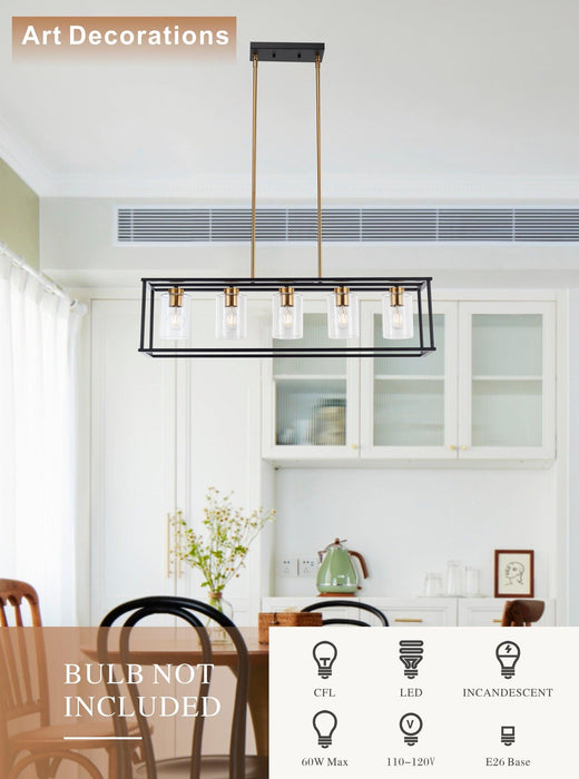 5-Lights Industrial Farmhouse Style Hanging Decorative Rectangle Pendant Lights, Black Antique Brass With Clear Glass Shade, Dining Room Kitchen Island Chandelier