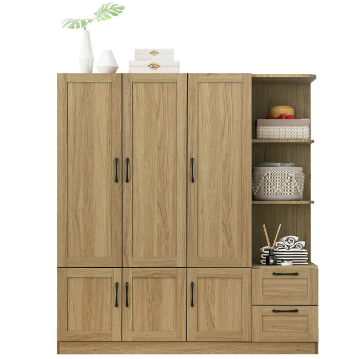 3 Door Wooden Storage Wardrobe for Dedroom with Shelves and 2 Drawers, Side Storage Shelves,Nature - DTYStore
