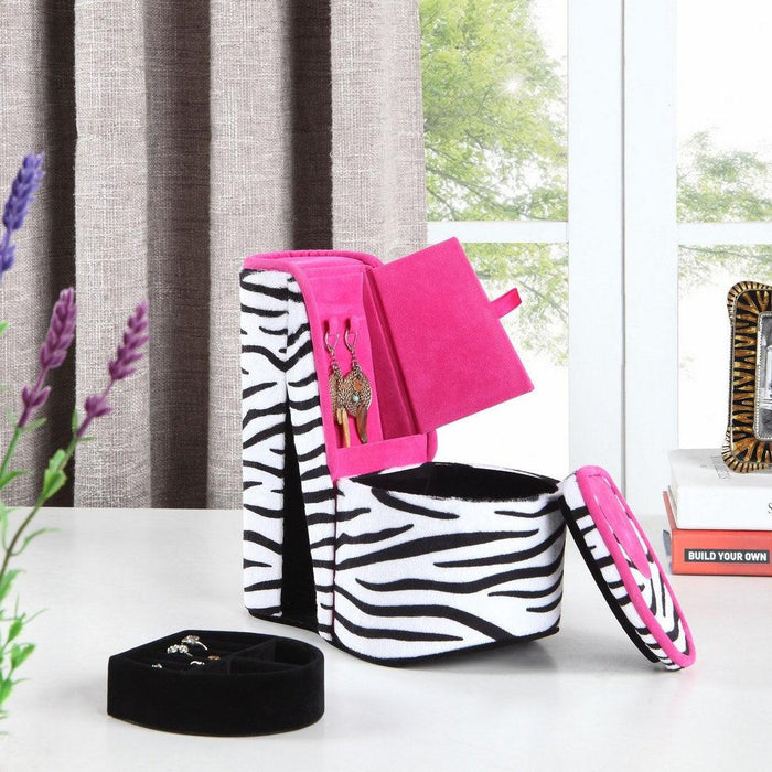 9" Tall Display Jewelry Box with Hidden Storage, High Heel Shoe Design, Zebra Print