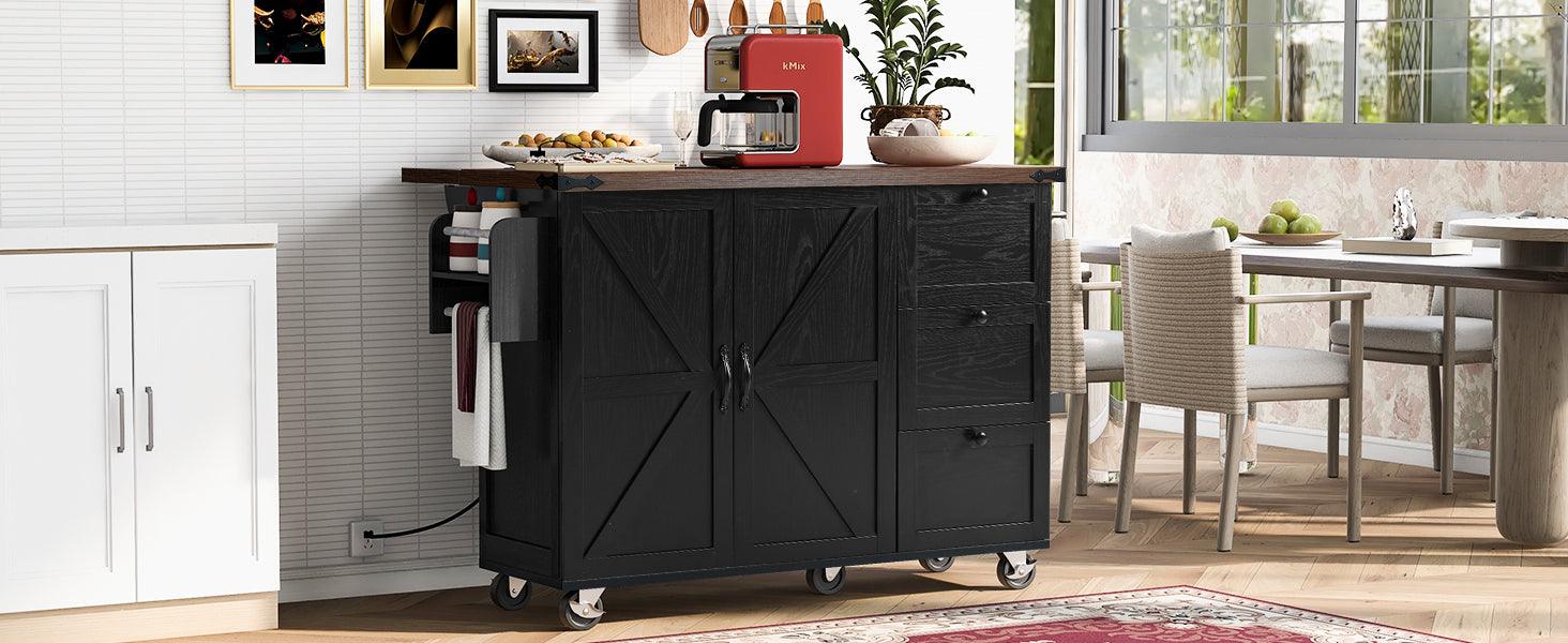 K&K 54.5" Farmhouse Kitchen Island with Power Outlet, Kitchen Storage Island with Internal Storage Rack, Drop Leaf, Spice Rack, Rolling Kitchen Cart on Wheels, for Home, Kitchen and Dining Room,Black