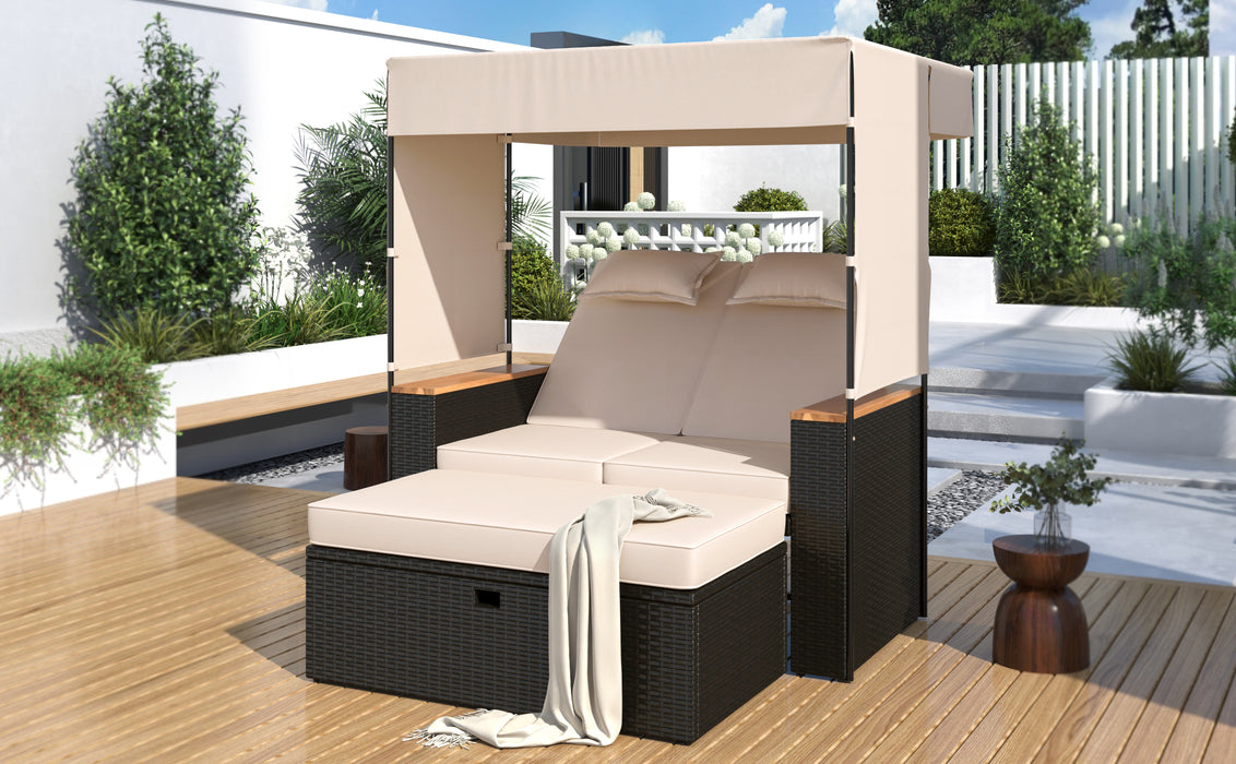 2-Piece Outdoor Rattan Daybed, Outdoor Bed with 5 Positions, Outdoor Loveseat Patio Sofa with Bench Lounge Roof Set and Cushions for Poolside, Backyard and Garden (Brown Wicker + Beige Fabric) - DTYStore