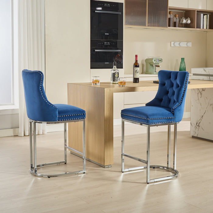 25' Counter Height Bar Stools Set of 2, Modern Velvet Barstools with Button Back&Rivet Trim Upholstered Kitchen Island Chairs with Sturdy Chromed Metal Base Legs Farmhouse Bar Stools, (Blue,2 Pack) - DTYStore