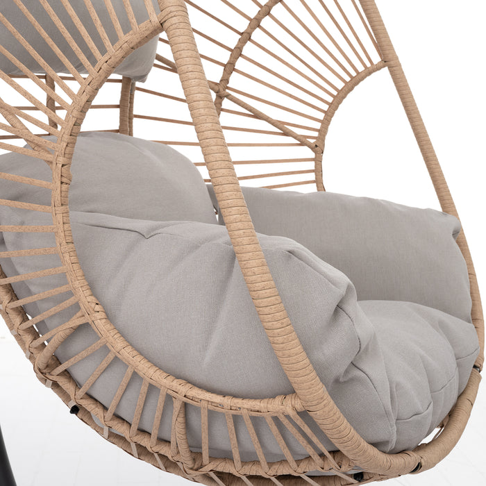Outdoor Indoor Swing Egg Chair Natural color wicker with beige cushion - DTYStore