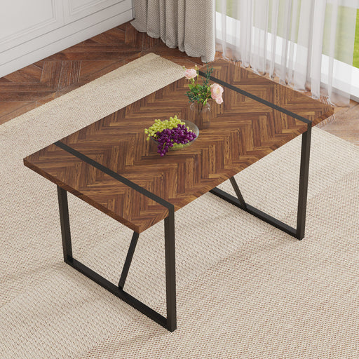 A minimalist retro rectangular dining table with a specially textured top and black metal legs.Contemporary Minimalist MDF Dark Wood Textured Tabletop.Able To Give People A Visual Beauty With Rules. - DTYStore
