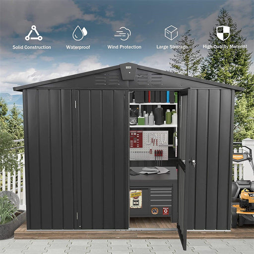 Outdoor Storage Shed 8.2'x 6.2', Metal Garden Shed for Bike, Trash Can, Galvanized Steel Outdoor Storage Cabinet with Lockable Door for Backyard, Patio, Lawn (8.2x6.2ft, Black) - DTYStore