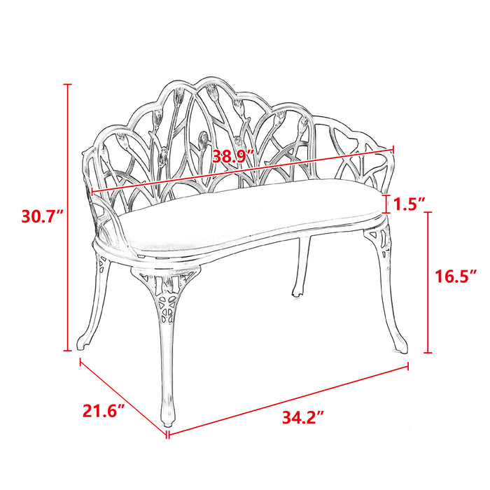 Tulip Patio Garden Bench Metal Park Bench Cast Aluminum Outdoor Furniture with Floral Rose for Patio,Park,Lawn,Yard 
with cushion - DTYStore