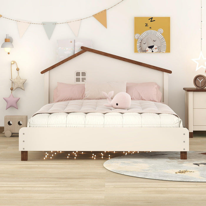 Full Size Wood Platform Bed with House-shaped Headboard (Cream+Walnut)