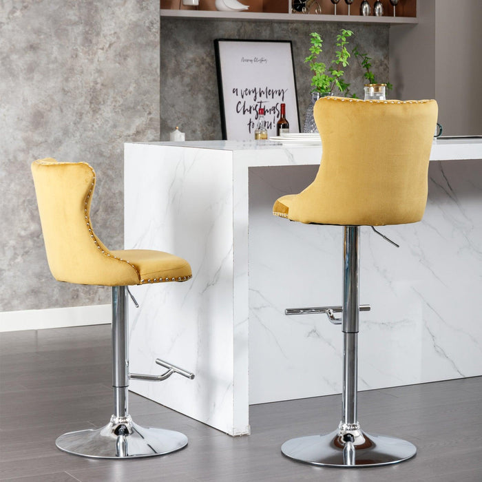 A&A Furniture,Swivel Velvet Barstools Adjusatble Seat Height from 25-33 Inch, Modern Upholstered Chrome base Bar Stools with Backs Comfortable Tufted for Home Pub and Kitchen Island（Gold,Set of 2）