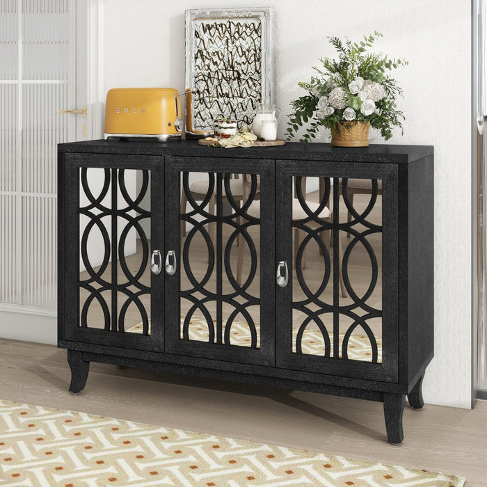 Sideboard with Glass Doors, 3 Door Mirrored Buffet Cabinet with Silver Handle for Living Room, Hallway, Dining Room Black