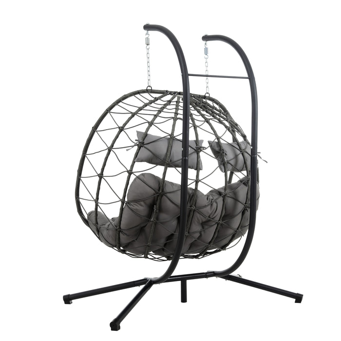 2 Persons Egg Chair with Stand Indoor Outdoor Swing Chair Patio Wicker Hanging Egg Chair Hanging Basket Chair with Stand for Bedroom Living Room Balcony - DTYStore