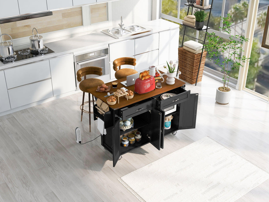 K&K 53.5''Farmhouse Kitchen Island with Power Outlet, Kitchen Storage Island with Drop Leaf, Spice Rack and Drawer, Rolling Kitchen Cart on Wheels, for Home, Kitchen and Dining Room, Black