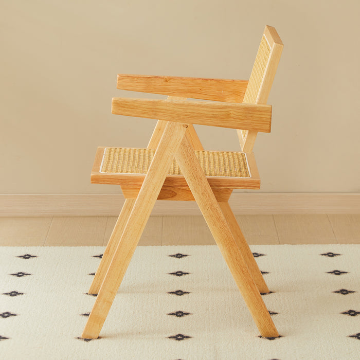2 dining chairs, natural color, rubber wood rattan weaving technology, armrest solid wood dining chair, living room chair, simple and natural - DTYStore