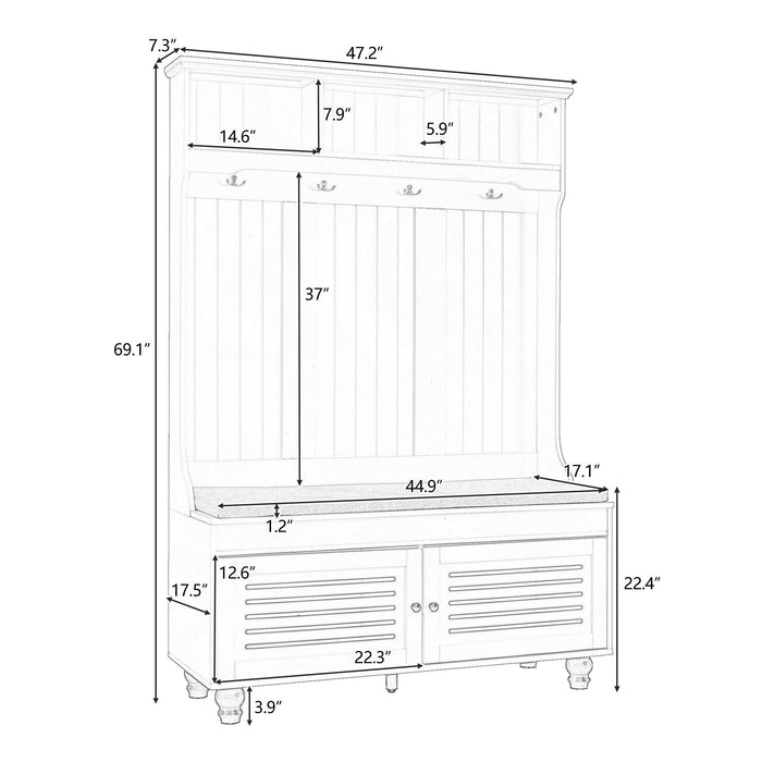 5-in-1 Entryway Bench with Shutter Doors, Coat Rack, Cushion, and Hooks for Hallway