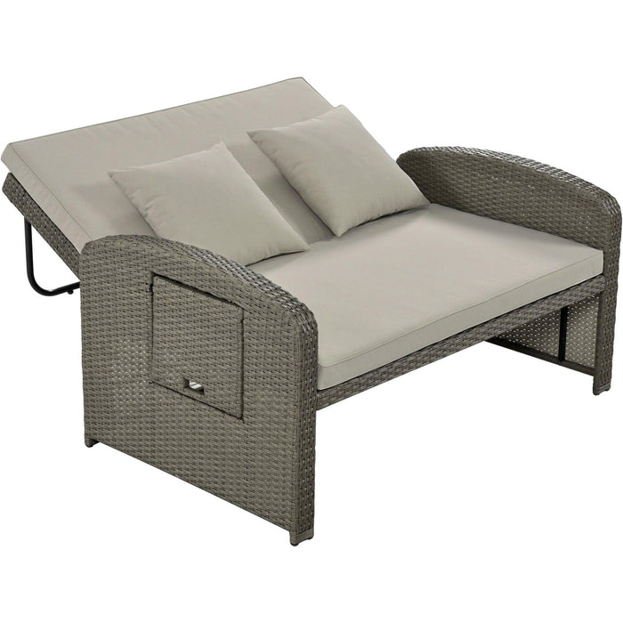 PE Wicker Rattan Double Chaise Lounge, 2-Person Reclining Daybed with Cushions and Cover