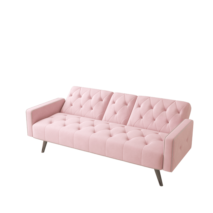 1730 Sofa Bed Armrest with Nail Head Trim with Two Cup Holders 72" Pink Velvet Sofa for Small Spaces