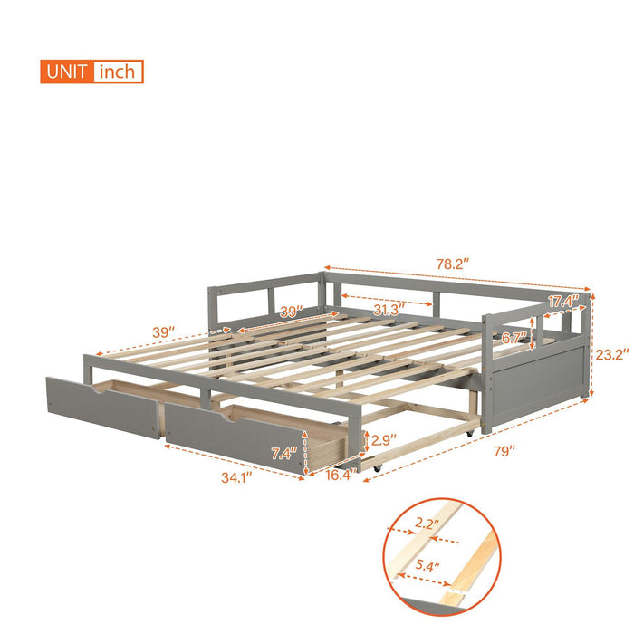 Wooden Daybed with Trundle Bed and Two Storage Drawers , Extendable Bed Daybed,Sofa Bed for Bedroom Living Room, Gray - DTYStore