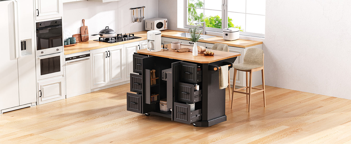 56 inch Kitchen Island with Rubber Wood Veneer Drop Leaf, Power Outlet, 4 Door Shelves, Embossed Vertical Stripe Rolling Kitchen Cart on 4 Wheels with 6 Deep Drawers for Kitchen, Dining Room,Black - DTYStore