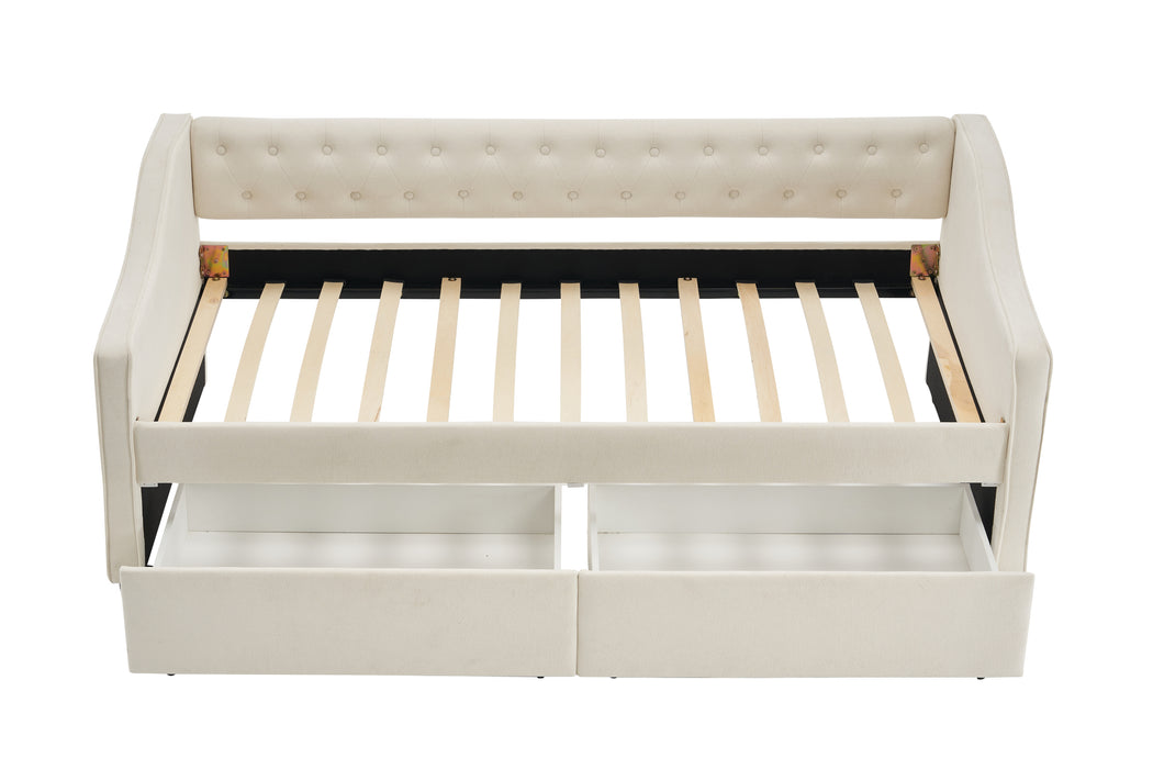 Twin Size Upholstered Daybed with Storage Drawers, Solid Wood Sofábed Bed Frame with Velvet Fabric & Wood Slat Support for Bedroom, Living Room, Office,Beige - DTYStore