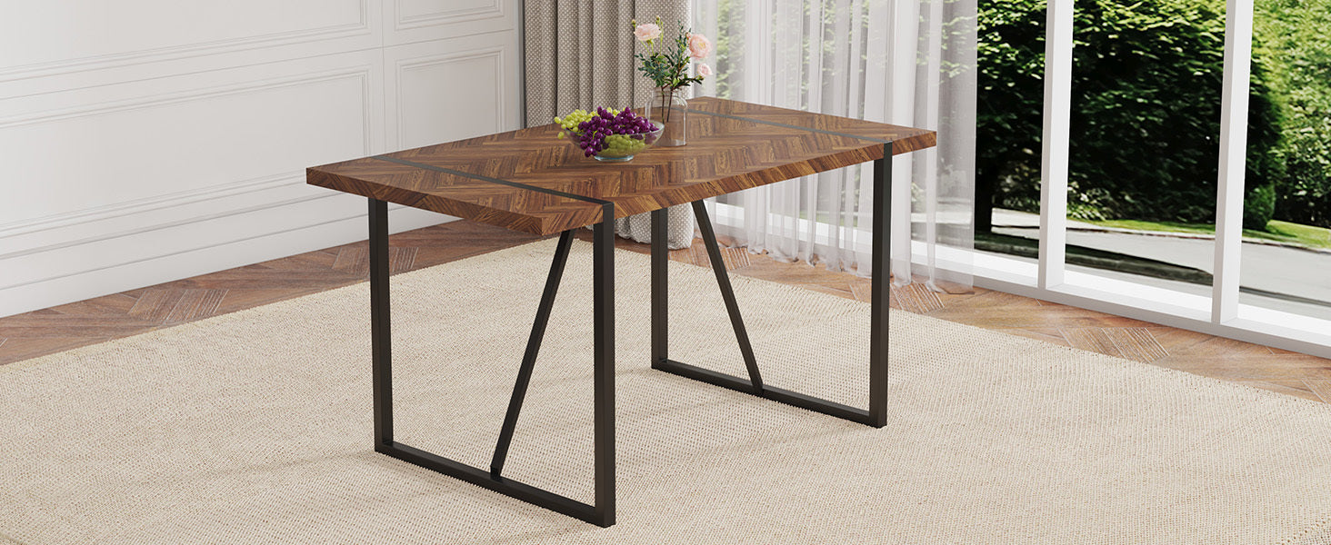 A minimalist retro rectangular dining table with a specially textured top and black metal legs.Contemporary Minimalist MDF Dark Wood Textured Tabletop.Able To Give People A Visual Beauty With Rules. - DTYStore