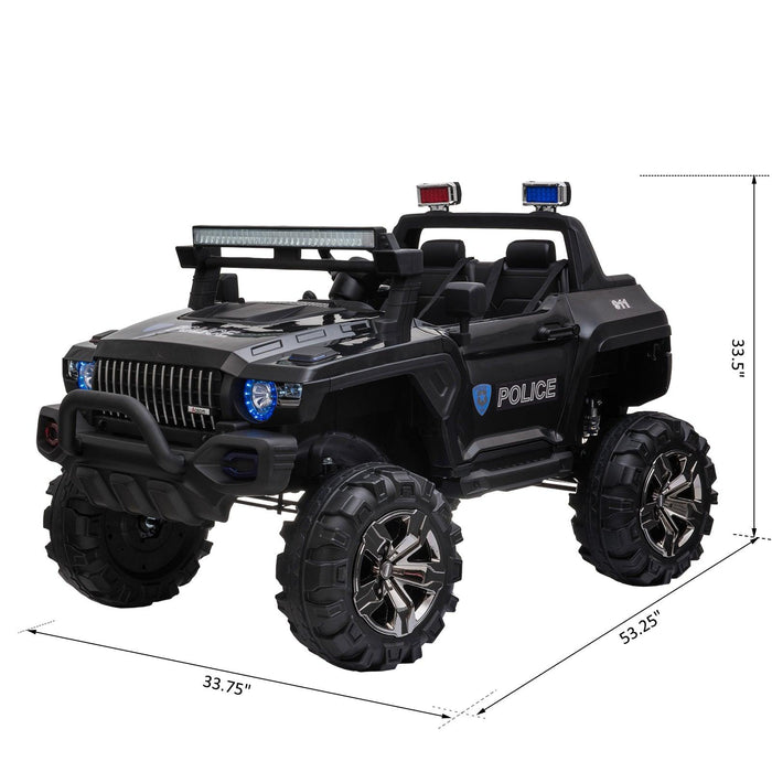 Big Size 53"L 2-Seater 12V Police Car Ride-on Truck with Remote Control and Siren, Battery-Operated Electric Car for Kids with Suspension, MP3 Player, Lights, Music, Horn, Black