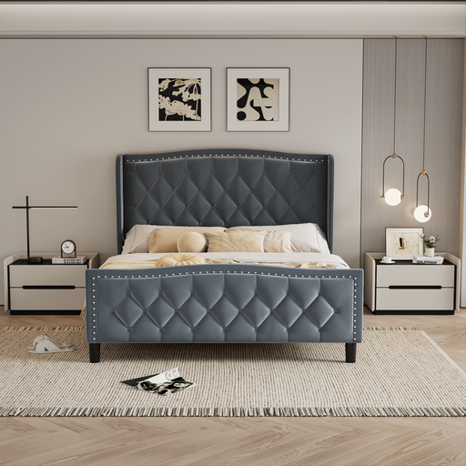 Full Size Bed Frame, Modern Upholstered Platform Bed with Wingback Headboard, Velvet Bed Frame with Wood Slat Support, Easy Assembly, No Box Spring Needed(Gray, Full) - DTYStore
