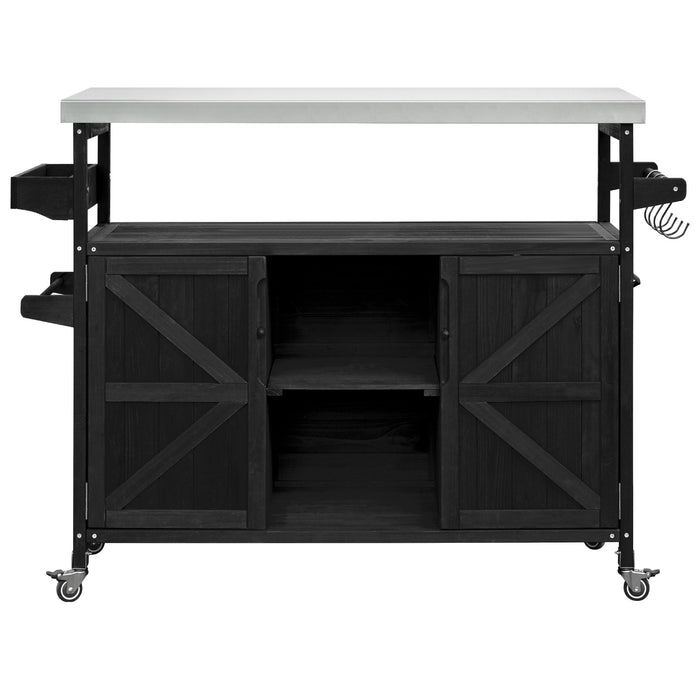 Outdoor Kitchen Island, Rolling Bar Cart & Storage Cabinet, Farmhouse Solid Wood Outdoor Grill Table with Stainless Steel Top, Spice Rack , Towel Rack for Kitchen & Barbecue, Black - DTYStore