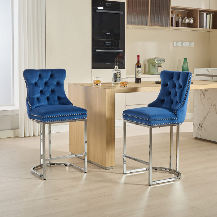 25' Counter Height Bar Stools Set of 2, Modern Velvet Barstools with Button Back&Rivet Trim Upholstered Kitchen Island Chairs with Sturdy Chromed Metal Base Legs Farmhouse Bar Stools, (Blue,2 Pack) - DTYStore