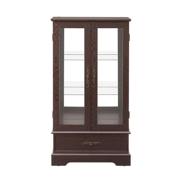 Glass Cabinet Lighted Glass Cabinet Curio Display Cabinet with Adjustable Glass Shelves 2 Doors and 1 drawer Cabinet Bulb Included Cherry