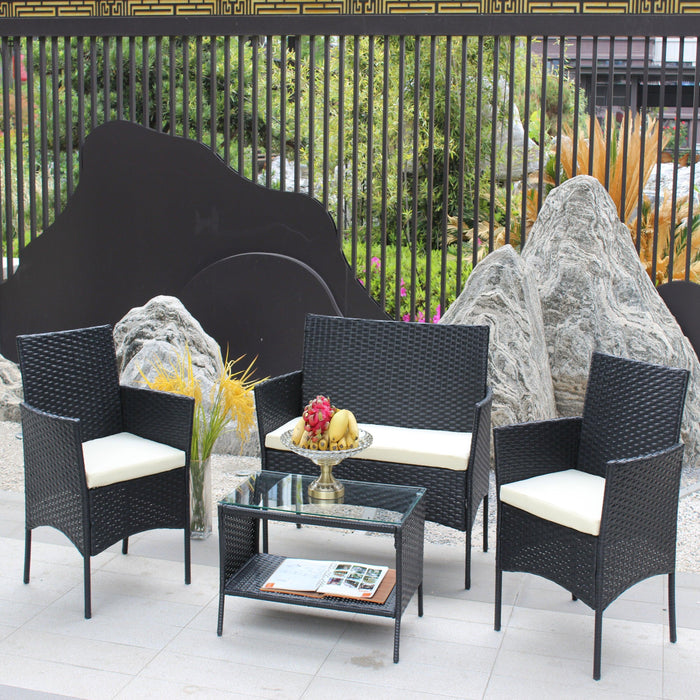 4 PC Rattan Patio Furniture Set Outdoor Patio Cushioned Seat Wicker Sofa (Beige Cushion) - DTYStore