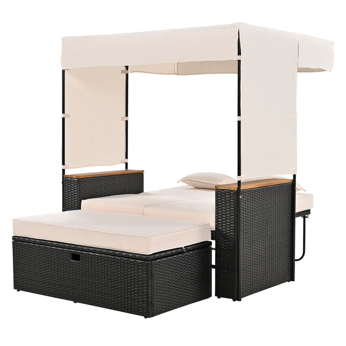 2-Piece Outdoor Rattan Daybed, Outdoor Bed with 5 Positions, Outdoor Loveseat Patio Sofa with Bench Lounge Roof Set and Cushions for Poolside, Backyard and Garden (Brown Wicker + Beige Fabric) - DTYStore
