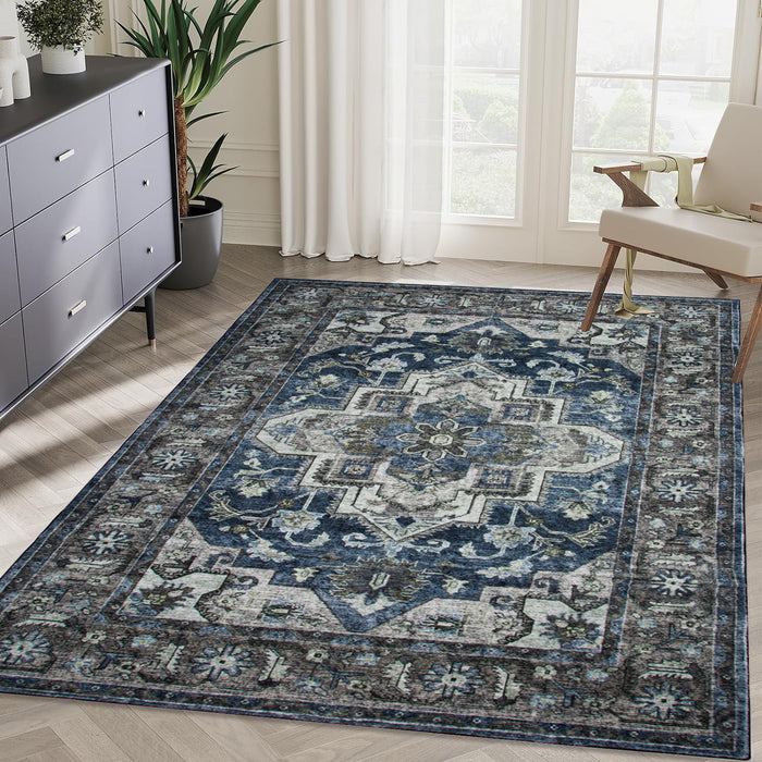Area Rug 5x7 Vintage Bohemia Non-slip Washable Rug For Living Room Kitchen Bedroom Living Room Flower Design Blue/Brown - DTYStore