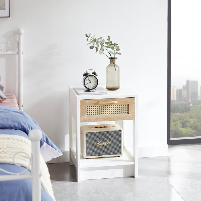 15.75" Rattan End table with drawer, Modern nightstand, side table for living room, bedroom,white - DTYStore