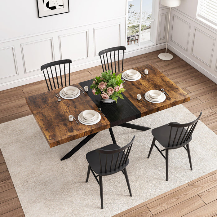 55.11" -70.86"Retro Rectangular Stretch Dining Table, Antique Wood Top And Black Relief Plate, Black Fine Sand Cross Iron Foot Base Dining Table, With Storage Box.