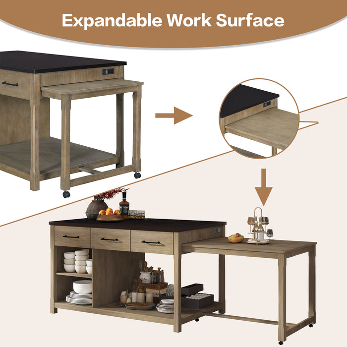 Extendable Kitchen Island with Storage, Multi-Functional Kitchen Cart with Built-In Power Outlets, Retro Kitchen Island on Wheels with Drawers and Open Shelves for Kitchen (Espresso+Natural) - DTYStore