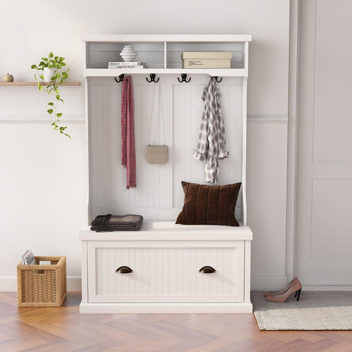 Entryway hall tree with coat rack 4 hooks and storage bench shoe cabinet white - DTYStore