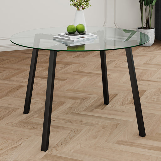 Modern minimalist 47.2-inch round glass dining table with clear glass countertops and black metal legs for kitchen, dining and living room (set of 1) - DTYStore