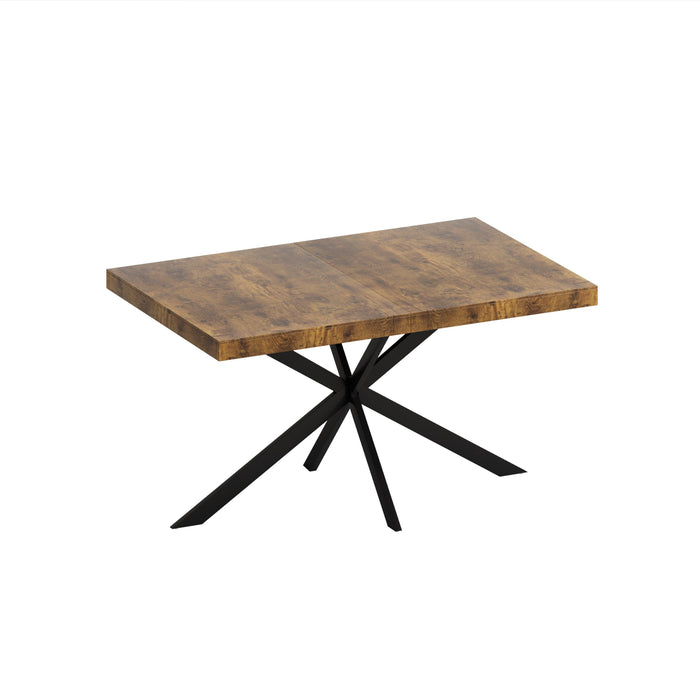 55.11" -70.86"Retro Rectangular Stretch Dining Table, Antique Wood Top And Black Relief Plate, Black Fine Sand Cross Iron Foot Base Dining Table, With Storage Box.