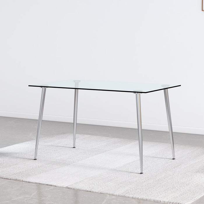 Modern Minimalist Rectangular Glass Dining Table for 4-6 with 0.31" Tempered Glass Tabletop and Silver plating Metal Legs, Writing Table Desk, for Kitchen Dining Living Room, 51" *31"* 30"