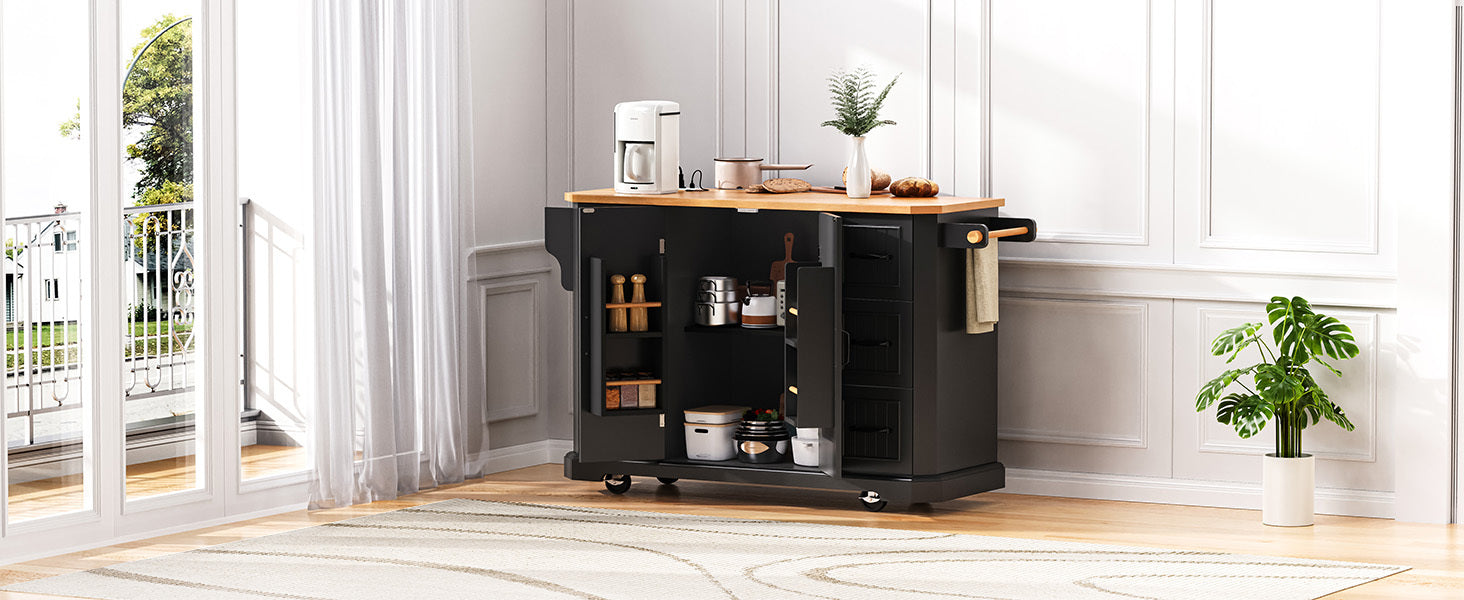 56 inch Kitchen Island with Rubber Wood Veneer Drop Leaf, Power Outlet, 4 Door Shelves, Embossed Vertical Stripe Rolling Kitchen Cart on 4 Wheels with 6 Deep Drawers for Kitchen, Dining Room,Black - DTYStore