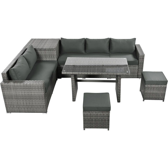 Outdoor 6-Piece All Weather PE Rattan Sofa Set, Garden Patio Wicker Sectional Furniture Set with Adjustable Seat, Storage Box, Removable Covers and Tempered Glass Top Table,Grey - DTYStore
