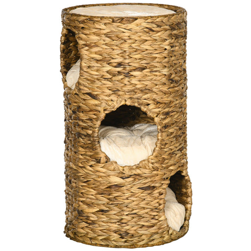 Elevated Cat Bed with Three Hideaways & Four Soft Plush Cushions, Cat Tower with Hand-Woven Materials, Multi-Layer Raised Kitten Bed Caves - DTYStore