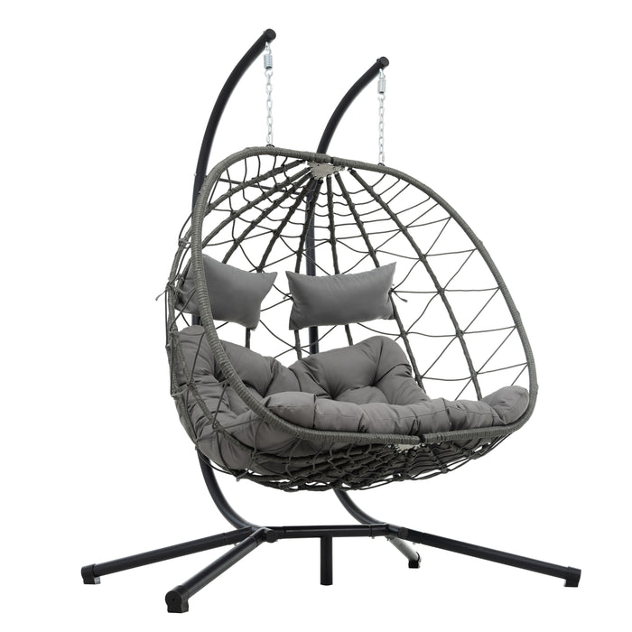 2 Persons Egg Chair with Stand Indoor Outdoor Swing Chair Patio Wicker Hanging Egg Chair Hanging Basket Chair with Stand for Bedroom Living Room Balcony - DTYStore