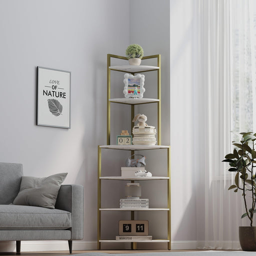6-Tier Corner Open Shelf Modern Bookcase Wood Rack Freestanding Shelving Unit,Plant Album Trinket Sturdy Stand Small Bookshelf Space-Saving for Living Room Home Office Kitchen Small Space - DTYStore