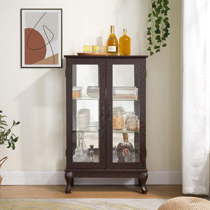 2 Doors Curio Cabinet with Tempered Glass Doors and Mirrored Back Panel, Lighted Display Cabinet for Home and Office